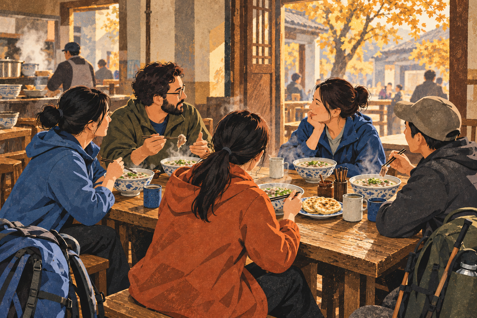 AI 主题插画：研究者围坐吃徐州羊肉汤并交流